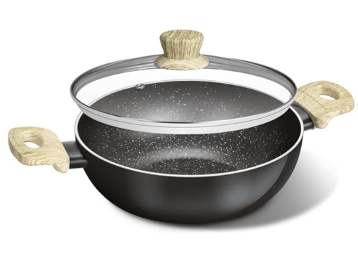 Bergner Bellini Plus Aura 5-Layer Non-Stick 28 cm Kadai with Glass Lid, 5.2 Litres Kadhai with Soft Touch Wooden Finish Handle, 3.2mm Thickness, Induction Bottom and Gas Stove Ready, 1-Year Warranty